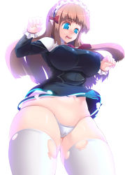 Rule 34 | 1girl, absurdres, blue eyes, breasts, cameltoe, cleavage, clothes lift, covered erect nipples, curvy, disgaea, fang, female focus, highres, hip focus, huge breasts, long hair, looking down, mage (disgaea), open mouth, panties, plump, pointy ears, potion (moudamepo), skirt, skirt lift, solo, standing, surprised, surprised arms, thick thighs, thigh gap, thighhighs, thighs, torn clothes, underwear, wide hips