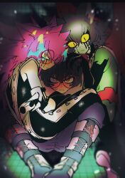 Rule 34 | 3boys, animal ears, black hair, blue pants, blurry, blush, bodysuit, boots, claws, closed mouth, colored sclera, cross-laced footwear, eye trail, eyeliner, frown, full body, glasses, green hair, hand on another&#039;s head, highres, knees apart feet together, lace-up boots, light trail, long hair, long sleeves, looking at viewer, makeup, male focus, master detective archives: rain code, multiple boys, multiple persona, mystery phantom, pale skin, pants, red eyes, round eyewear, sameyama jiro, sitting, sitting on person, spoilers, sweatdrop, wide-eyed, yellow sclera, zilch alexander