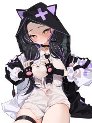 Rule 34 | 1girl, agnamore, animal ears, animal hood, bell, black choker, black gloves, black hair, black jacket, black nails, black necktie, blush, breasts, choker, closed mouth, collared shirt, commentary request, dress shirt, fake animal ears, fingerless gloves, forehead, gloves, heart, heart hands, hood, hood up, hooded jacket, jacket, jingle bell, long hair, long sleeves, low twintails, medium breasts, multicolored hair, nail polish, neck bell, necktie, original, puffy long sleeves, puffy sleeves, purple hair, shirt, simple background, sitting, solo, streaked hair, thick eyebrows, twintails, white background, white jacket, white shirt, yellow eyes