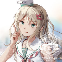 Rule 34 | 1girl, :p, artist logo, blonde hair, blue background, bow, dress, gradient background, grecale (kancolle), green eyes, hair between eyes, hair ornament, highres, kantai collection, long hair, looking at viewer, low-cut armhole, neckerchief, pink bow, ribbon, sailor collar, sailor dress, side-tie dress, sleeveless, sleeveless dress, solo, striped neckerchief, tongue, tongue out, upper body, wavy hair, white dress, white ribbon, white sailor collar, yorktown cv-5