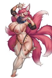 Rule 34 | 1girl, animal ear fluff, animal ears, breasts, bridal gauntlets, cinko, curvy, fox ears, fox girl, fox tail, hair ornament, highres, large areolae, large breasts, looking at viewer, mask, multiple tails, navel, nipples, open mouth, original, pink hair, red eyes, see-through, short hair, simple background, smile, solo, standing, standing on one leg, tail, thighs, toeless legwear, toes, white background