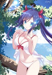 Rule 34 | 1girl, absurdres, aged up, ahoge, aqua eyes, bare arms, bare legs, bikini, black rock shooter, black rock shooter (character), blue hair, blue sky, branch, breasts, cleavage, cloud, collarbone, commentary request, cowboy shot, day, female focus, hair ribbon, highres, horizon, large breasts, leaf, long hair, looking at viewer, navel, ocean, open mouth, outdoors, oywj, ribbon, sidelocks, signature, sky, solo, standing, sun, swimsuit, tree, twintails, white bikini