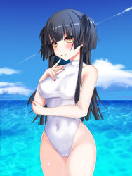 Rule 34 | 1girl, black hair, blue sky, breasts, brown eyes, cameltoe, cloud, covered navel, cowboy shot, day, highleg, highleg swimsuit, highres, horizon, idolmaster, idolmaster shiny colors, long hair, mayuzumi fuyuko, medium breasts, nail polish, ocean, okuri banto, one-piece swimsuit, outdoors, red nails, sky, solo, standing, swimsuit, turtleneck swimsuit, two side up, white one-piece swimsuit