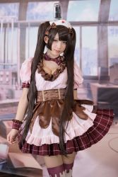 Rule 34 | 1girl, asian, bow, bowtie, breasts, brown hair, cleavage, clothes lift, cosplay, dress, enako rin, headdress, highres, japanese (nationality), lips, looking at viewer, photo (medium), ribbon, skirt, skirt lift, solo, thighhighs, twintails