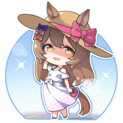 Rule 34 | 1girl, animal ears, bag, bare shoulders, bow, chibi, dress, ears through headwear, full body, hair bow, handbag, hat, highres, holding, holding bag, horse ears, horse girl, horse tail, light brown hair, long hair, looking at viewer, no nose, open mouth, orange bow, pink bow, pink dress, purple bow, red footwear, smart falcon (umamusume), smile, solo, standing, sun hat, sundress, tail, two-tone dress, umamusume, warashi, white dress, yellow eyes