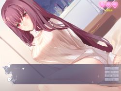 Rule 34 | ..., 1girl, blush, cherinova, dutch angle, covered erect nipples, fake screenshot, fate/grand order, fate (series), frown, heart, long hair, naked sweater, on bed, purple hair, red eyes, ribbed sweater, scathach (fate), scathach (fate), sitting, solo, sweater