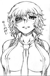 Rule 34 | 1girl, areola slip, breasts, crazy eyes, dr.p, female focus, greyscale, kazami yuuka, large breasts, monochrome, necktie, open clothes, open shirt, shaded face, shirt, short hair, slit pupils, solo, touhou, upper body, vest