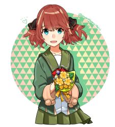 Rule 34 | 1girl, black ribbon, blue eyes, blush, bouquet, brown hair, candy, flower, food, fur-trimmed sleeves, fur trim, green jacket, green sailor collar, green skirt, hachijou (kancolle), hair ribbon, heart, jacket, kantai collection, lollipop, long sleeves, open mouth, pleated skirt, pom pom (clothes), red neckwear, ribbon, sagamiso, sailor collar, school uniform, simple background, skirt, solo, twitter username, yellow flower