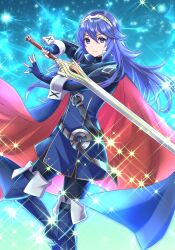 Rule 34 | 1girl, belt, blue background, blue cape, blue eyes, blue footwear, blue gloves, blue hair, blue thighhighs, boots, cape, commission, falchion (fire emblem), fingerless gloves, fire emblem, fire emblem awakening, fire emblem engage, gloves, highres, holding, holding sword, holding weapon, kakiko210, light particles, long hair, looking at viewer, lucina (fire emblem), nintendo, red cape, skeb commission, smile, solo, sparkle, sword, thigh boots, thighhighs, tiara, weapon