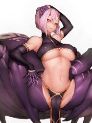 Rule 34 | 10s, 1girl, arachne, arthropod girl, breasts, carapace, claws, covered erect nipples, detached sleeves, elbow gloves, extra eyes, female focus, fumio (rsqkr), gloves, hand on own head, insect girl, large breasts, light purple hair, monster girl, monster musume no iru nichijou, multiple legs, navel, pelvic curtain, rachnera arachnera, red eyes, short hair, simple background, smile, solo, spider girl, taur, underboob, white background