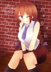 Rule 34 | 1girl, black socks, braid, brick wall, brown eyes, brown hair, brown shorts, character name, chiru (218mg), collared shirt, commentary request, english text, evil eye sigma, foot out of frame, graffiti, highres, kneehighs, long hair, necktie, one eye closed, open mouth, purple necktie, rika (touhou), shirt, shorts, sitting, sleeveless, sleeveless shirt, socks, story of eastern wonderland, touhou, touhou (pc-98), twin braids, white shirt, wristband