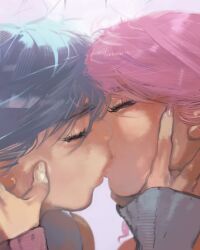 Rule 34 | 2girls, blue hair, close-up, closed eyes, commentary, eyelashes, french kiss, highres, incest, kiss, little thunder, multiple girls, original, pink hair, selfcest, siblings, sisters, sleeves past wrists, twincest, twins, yuri