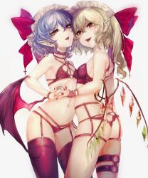 Rule 34 | 2girls, ass, bare shoulders, bat wings, black bra, black legwear, black panties, blonde hair, blush, bow, bra, breasts, butt crack, choker, commentary request, contrapposto, cowboy shot, cross, crystal, ear piercing, earrings, eyelashes, facing another, fangs, fingernails, flandre scarlet, flat chest, garter belt, hair between eyes, hat, hat bow, highres, incest, interlocked fingers, jewelry, kyogoku-uru, leg belt, lingerie, lips, looking at viewer, mob cap, multiple girls, nail polish, navel, navel piercing, o-ring, one side up, open mouth, panties, piercing, pointy ears, purple hair, red bow, red eyes, red nails, remilia scarlet, revision, sharp fingernails, short hair, siblings, signature, simple background, sisters, slit pupils, small breasts, smile, standing, thighhighs, thighs, thong, touhou, underwear, wavy hair, white background, white headwear, wings, wristband, yuri