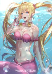 Rule 34 | 1girl, air bubble, armlet, bikini, blonde hair, blue eyes, bracelet, breasts, bubble, cleavage, earrings, jewelry, large breasts, long hair, looking at viewer, mermaid, mermaid melody pichi pichi pitch, monster girl, nanami lucia, necklace, open mouth, shell, shell bikini, solo, strapless, strapless bikini, swimsuit, tight (ohmygod), twintails, underwater, watermark