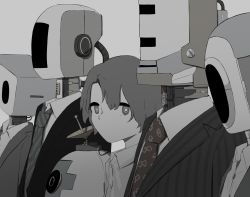 Rule 34 | 1boy, avogado6, bright pupils, clothed robot, collared shirt, commentary request, from side, grey eyes, grey hair, grey shirt, highres, looking at viewer, necktie, no mouth, original, robot, shirt, simple background, solo focus, white background, white pupils, wing collar
