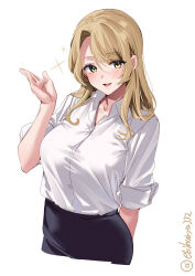 Rule 34 | 1girl, black skirt, blush, breasts, collarbone, collared shirt, cropped torso, dress shirt, ebifurya, hair between eyes, hand up, hashtag-only commentary, highres, houston (kancolle), kantai collection, large breasts, light brown hair, long hair, looking at viewer, one-hour drawing challenge, open mouth, parted bangs, shirt, shirt tucked in, sidelocks, simple background, skirt, smile, solo, sparkle, twitter username, white background, white shirt, yellow eyes