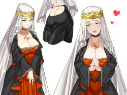 Rule 34 | 1girl, ass, bkko, black dress, blush, breasts, butt crack, chest tattoo, choker, cleavage, crown, dress, fate/extra, fate/extra ccc, fate/grand order, fate (series), habit, heart, heroic spirit chaldea park outfit, heroic spirit festival outfit, large breasts, long sleeves, looking at viewer, multiple views, open mouth, own hands together, red dress, sessyoin kiara, sessyoin kiara (festival outfit), simple background, smile, tattoo, two-tone dress, veil, white background, wide sleeves, yellow eyes