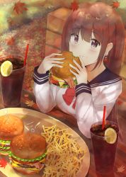 Rule 34 | 1girl, 7 calpis 7, :t, autumn, autumn leaves, bench, black sailor collar, bow, bowtie, burger, closed mouth, commentary, cup, day, drink, drinking glass, drinking straw, earrings, eating, food, food on face, french fries, grey eyes, hair between eyes, highres, holding, holding food, ice, ice cube, jewelry, leaf, leaf earrings, long hair, long sleeves, looking at viewer, maple leaf, on bench, original, outdoors, park bench, red bow, red bowtie, sailor collar, school uniform, serafuku, shirt, sitting, solo, table, upper body, very long hair, white shirt