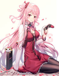 Rule 34 | 1girl, @ @, animal, black pantyhose, bow, breasts, cat, cleavage, commentary request, controller, cropped jacket, dress, emily stock, fingernails, game console, game controller, hair between eyes, hair bow, head tilt, heart, highres, holding, jacket, large breasts, long hair, long sleeves, looking at viewer, one side up, open clothes, open jacket, original, pantyhose, parted lips, petals, pink bow, pink hair, plaid, plaid bow, playstation 4, red bow, red dress, red eyes, ririko (zhuoyandesailaer), sidelocks, sitting, sleeves past wrists, smile, solo, very long hair, white background, white jacket