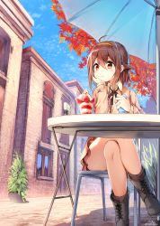 Rule 34 | 1girl, alternate costume, autumn leaves, boots, brown eyes, brown hair, brown jacket, chair, cityscape, crossed legs, day, hairband, head on hand, highres, jacket, kantai collection, listening to music, long sleeves, nyum, orange hairband, outdoors, parasol, shiratsuyu (kancolle), short hair, sky, solo, table, tree, umbrella