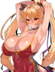 Rule 34 | 1girl, absurdres, areola slip, armpits, arms up, azur lane, black ribbon, blonde hair, blush, breasts, cleavage, commentary request, hair between eyes, hair ribbon, highres, jacket, large breasts, long hair, looking at viewer, nelson (azur lane), orange eyes, parted lips, ribbon, shiny skin, simple background, solo, sweat, twintails, very long hair, wakura (gcdan), white background