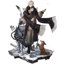 Rule 34 | 1boy, bird, black cape, black footwear, black scarf, boots, brown coat, buttons, cape, closed mouth, coat, feathers, fox, full body, fur-trimmed coat, fur trim, highres, holding, holding paper, long sleeves, male focus, mink (animal), official art, paper, rabbit, reindeer, reverse:1999, rope, scarf, solo, standing, sweater, tachi-e, third-party source, transparent background, white hair, yellow sweater, zima (reverse:1999)