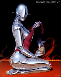 Rule 34 | 1girl, android, drink, fire, full body, joints, lips, metal, no eyes, one-piece thong, original, pinup (style), realistic, reflection, robot joints, seiza, sitting, solo, sorayama hajime, swimsuit, teeth, thighs, undressing