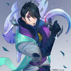 Rule 34 | 1boy, aphelios, artist name, black hair, closed mouth, cowboy shot, dated, facial tattoo, gradient background, grey background, gun, hair over one eye, highres, holding, holding gun, holding weapon, kinoko doka-gui kizetsu-bu, league of legends, looking at viewer, male focus, short hair, solo, tattoo, weapon, weapon on back