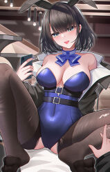 Rule 34 | 1girl, 1other, absurdres, alternate costume, animal ears, arknights, arknights: endfield, armpit crease, bare shoulders, black hair, black jacket, black pantyhose, blue bow, blue bowtie, blue collar, blue leotard, blue nails, blunt bangs, blush, bow, bowtie, breasts, chinese commentary, cleavage, collar, collarbone, commentary request, covered navel, detached collar, endministrator (arknights), fake animal ears, female endministrator (arknights), hair ornament, highleg, highleg leotard, highres, holding, holding phone, indoors, jacket, large breasts, leotard, looking at viewer, nail polish, no shoes, open clothes, open jacket, pantyhose, phone, playboy bunny, rabbit ears, short hair, sitting, smile, solo focus, spread legs, toes, tongue, tongue out, torn clothes, torn pantyhose, wuren