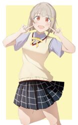 Rule 34 | 1girl, :d, black skirt, blue shirt, blush, bob cut, border, breasts, collared shirt, commentary, crescent, crescent hair ornament, dress shirt, feet out of frame, fingers to cheeks, hair ornament, hairclip, highres, light brown hair, looking at viewer, love live!, love live! nijigasaki high school idol club, medium breasts, michisato, miniskirt, nakasu kasumi, neck ribbon, nijigasaki school uniform, open mouth, orange eyes, outside border, plaid clothes, plaid skirt, pleated skirt, ribbon, school uniform, shirt, short hair, short sleeves, simple background, skirt, smile, solo, summer uniform, sweater vest, white border, yellow background, yellow ribbon, yellow sweater vest