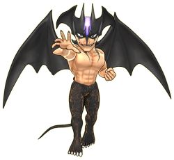 Rule 34 | 1boy, 3d, abs, chibi, clenched hand, demon tail, demon wings, devilman, devilman (character), fangs, head wings, official art, open hand, topless male, smile, solo, super robot wars, super robot wars dd, tail, transparent background, white eyes, wings