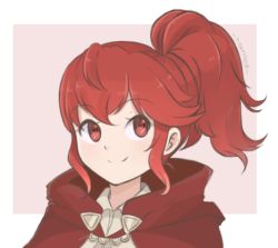 Rule 34 | 1girl, anna (fire emblem), artist name, border, chocomiru, cloak, closed mouth, fire emblem, fire emblem fates, hair between eyes, looking at viewer, lowres, nintendo, red background, red eyes, red hair, short hair, signature, simple background, smile, solo, upper body, white border