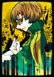 Rule 34 | atlus, brown eyes, brown hair, buttons, clenched hand, flower, framed, from side, glasses, imatomo mahya, jacket, persona, persona 4, profile, satonaka chie, short hair, sitting, skirt, smile, solo, yellow-framed eyewear