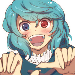 Rule 34 | 1girl, arms up, blue dress, blue eyes, blue hair, blush, dress, eyes visible through hair, hair between eyes, hands up, heterochromia, highres, holding, nayozane (worker7), no headwear, open mouth, red eyes, short hair, simple background, smile, solo, tatara kogasa, teeth, tongue, touhou, upper body, white background