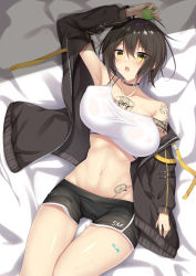 Rule 34 | 1girl, :o, ahoge, arm tattoo, arm up, armpits, azur lane, ball, baltimore (azur lane), baltimore (black ace) (azur lane), bandaid, bandaid on leg, bare shoulders, bed sheet, black choker, black jacket, black shorts, blush, braid, breasts, brown hair, chest tattoo, choker, collarbone, commentary request, covered erect nipples, cowboy shot, flower tattoo, french braid, groin, hair between eyes, holding, holding ball, jacket, kirisaki idumi, large breasts, long sleeves, looking at viewer, lying, midriff, navel, off-shoulder jacket, off shoulder, on back, on bed, open clothes, open jacket, open mouth, see-through, short hair, short shorts, shorts, shoulder tattoo, sidelocks, solo, sports bra, stomach tattoo, sweat, tattoo, taut clothes, tennis ball, unaligned breasts, wet bra, white sports bra, yellow eyes