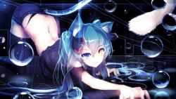 Rule 34 | &gt;:3, 1girl, :3, animal ears, bare shoulders, blue eyes, blue hair, butt crack, cat ears, cat girl, cat tail, cropped, duplicate, hatsune miku, highres, image sample, kemonomimi mode, long hair, multicolored eyes, paw pose, qys3, ribbon, shirt slip, short shorts, shorts, solo, tail, thighhighs, v-shaped eyebrows, very long hair, vocaloid, wallpaper, yellow eyes