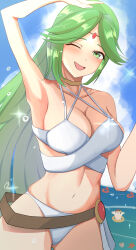 1boy 1girl absurdres arm_up bikini blue_sky blush breasts collarbone green_eyes green_hair haruka_f4l highres kid_icarus kid_icarus_uprising long_hair navel nintendo one_eye_closed open_mouth outdoors palutena pit_(kid_icarus) sky smile solo_focus sparkle starfish swimsuit very_long_hair
