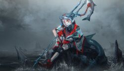 Rule 34 | 1girl, animal hood, black shirt, blood, bloody weapon, fins, fish, fish tail, gawr gura, grey hair, highres, holding, holding polearm, holding weapon, hololive, hololive english, hood, jacket, knee pads, knee up, multicolored hair, overcast, polearm, quasarcake, rainbow gradient, red eyes, red footwear, red hair, red jacket, red nails, reflect (gawr gura), rock, shark, shark girl, shark hood, shark tail, sharp teeth, shirt, single knee pad, sitting, sitting on rock, sky, splashing, streaked hair, tail, teeth, thigh strap, trident, two-sided fabric, two-sided jacket, virtual youtuber, weapon, white jacket