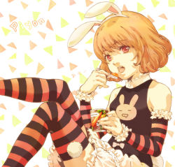 Rule 34 | 1girl, :o, animal ears, blonde hair, carrot, character name, detached sleeves, eating, food, frills, hairband, hunter x hunter, piyon, piyon (hunter x hunter), pom pom (cheerleading), rabbit ears, red eyes, short hair, simple background, skirt, solo, striped clothes, striped sleeves, striped thighhighs, thighhighs, trochoco, zettai ryouiki