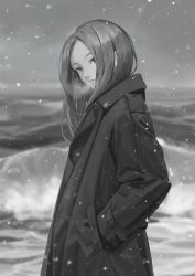 Rule 34 | 1girl, absurdres, blurry, breath, coat, cowboy shot, depth of field, doloyume, from side, greyscale, head tilt, highres, long hair, looking afar, looking to the side, monochrome, motion blur, nature, ocean, original, outdoors, snowing, solo, waves, winter clothes, winter coat