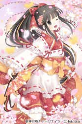 Rule 34 | 1girl, ;d, black eyes, black hair, character request, cherry blossoms, gunshin shoukan ark knights, japanese clothes, kimono, kuroinu, lolita fashion, long hair, looking at viewer, official art, one eye closed, open mouth, outstretched arms, petals, ponytail, smile, solo, spread arms, wa lolita