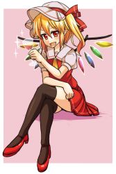 Rule 34 | &gt;:d, 1girl, :d, ambiguous red liquid, ascot, blonde hair, blush, commentary, cup, drinking glass, fang, flandre scarlet, hat, high heels, highres, leaning forward, crossed legs, looking at viewer, miniskirt, mob cap, open mouth, pink background, pointy ears, red eyes, red footwear, shoes, short hair, simple background, sitting, skirt, smile, solo, sparkle, tanakara, thighhighs, touhou, v-shaped eyebrows, wine glass, wings
