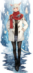 Rule 34 | 1girl, alley, animal ears, ankle boots, black footwear, black pantyhose, blue eyes, blush, boots, cat ears, cat girl, cat tail, coat, facial mark, final fantasy, final fantasy xiv, full body, hands in pockets, highres, lips, looking at viewer, makimura shunsuke, miqo&#039;te, outdoors, pantyhose, plaid, plaid skirt, pleated skirt, scarf, short hair, silver hair, skirt, slit pupils, smile, snow, solo, tail, y&#039;shtola rhul