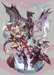 Rule 34 | 1girl, animal ears, armor, battle, breasts, cape, character name, character request, cleavage, cleavage cutout, clothing cutout, copyright name, holding, holding weapon, kushala daora, long hair, melynx, monster hunter (series), monster hunter 4, monster hunter 4 g, nishihara isao, ponytail, tail, weapon, white hair