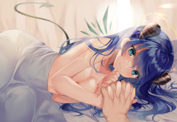 Rule 34 | 1girl, amesaki vanilla, aqua eyes, arknights, bed, blanket, blue hair, blush, breasts, cleavage, closed mouth, commentary, curtains, day, demon horns, demon tail, detached wings, hair between eyes, halo, highres, holding hands, horns, indoors, interlocked fingers, long hair, looking at viewer, lying, medium breasts, mostima (arknights), nude, on bed, on side, pov, pov across bed, smile, solo focus, sunlight, tail, topless, under covers, window, wings