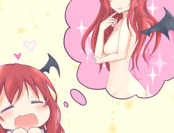 Rule 34 | 1girl, :d, = =, arm support, bat wings, blush, breasts, chibi, finger to own chin, hands on own face, head out of frame, head wings, imagining, index finger raised, koakuma, large breasts, long hair, looking at viewer, mickeysmith, nude, open mouth, pink background, profile, red hair, simple background, smile, solo, sparkle, thought bubble, touhou, wavy mouth, white background, wings