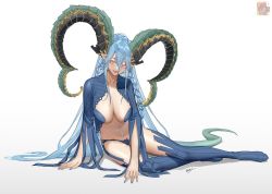Rule 34 | 1girl, blue hair, blue nails, blue thighhighs, braid, breasts, collarbone, fate/grand order, fate (series), fingernails, full body, gradient background, grey background, hair between eyes, highres, horns, large breasts, lips, long hair, looking at viewer, nail polish, open mouth, pink eyes, signature, sitting, solo, symbol-shaped pupils, tail, teeth, thighhighs, tiamat (fate), twin braids, very long hair, wanren (whter11), white background, x-shaped pupils