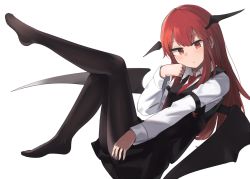Rule 34 | 1girl, armband, black pantyhose, black skirt, black vest, closed mouth, dress shirt, head wings, highres, hinami047, koakuma, looking at viewer, necktie, pantyhose, red eyes, red hair, red necktie, shirt, simple background, skirt, solo, touhou, vest, white background, white shirt, wings