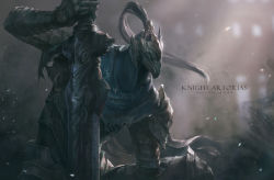 Rule 34 | 1boy, armor, artorias the abysswalker, blurry, blurry background, commentary, damaged, dark souls (series), dark souls i, from side, from software, full armor, gauntlets, helmet, holding, holding weapon, jlien-, knight, male focus, pauldrons, planted, planted sword, planted weapon, plume, shoulder armor, solo, sword, upper body, weapon