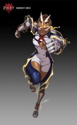 1girl blonde_hair brown_hair character_name clenched_hands clothing_cutout commentary copyright_name dark-skinned_female dark_skin electricity english_commentary full_body gradient_background harriet_bree highres mohawk multicolored_hair neckerchief official_art pink_eyes red_neckerchief rwby shirt short_hair signature solo thigh_cutout two-tone_hair uyalago very_short_hair white_shirt